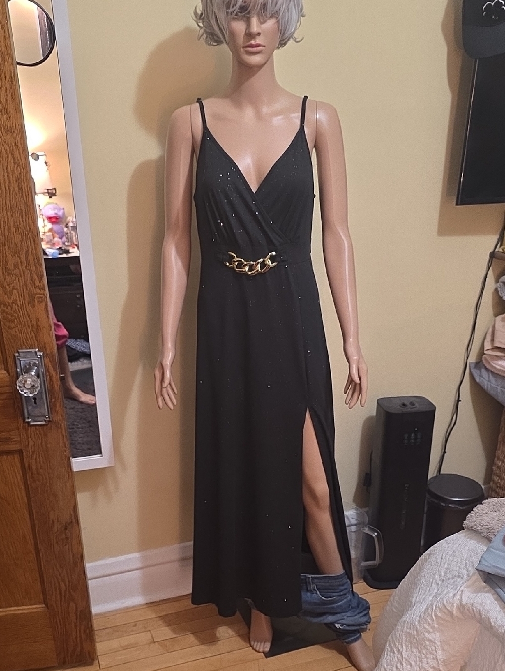 Black Spaghetti-Strap Maxi Dress with Gold Chain Detail